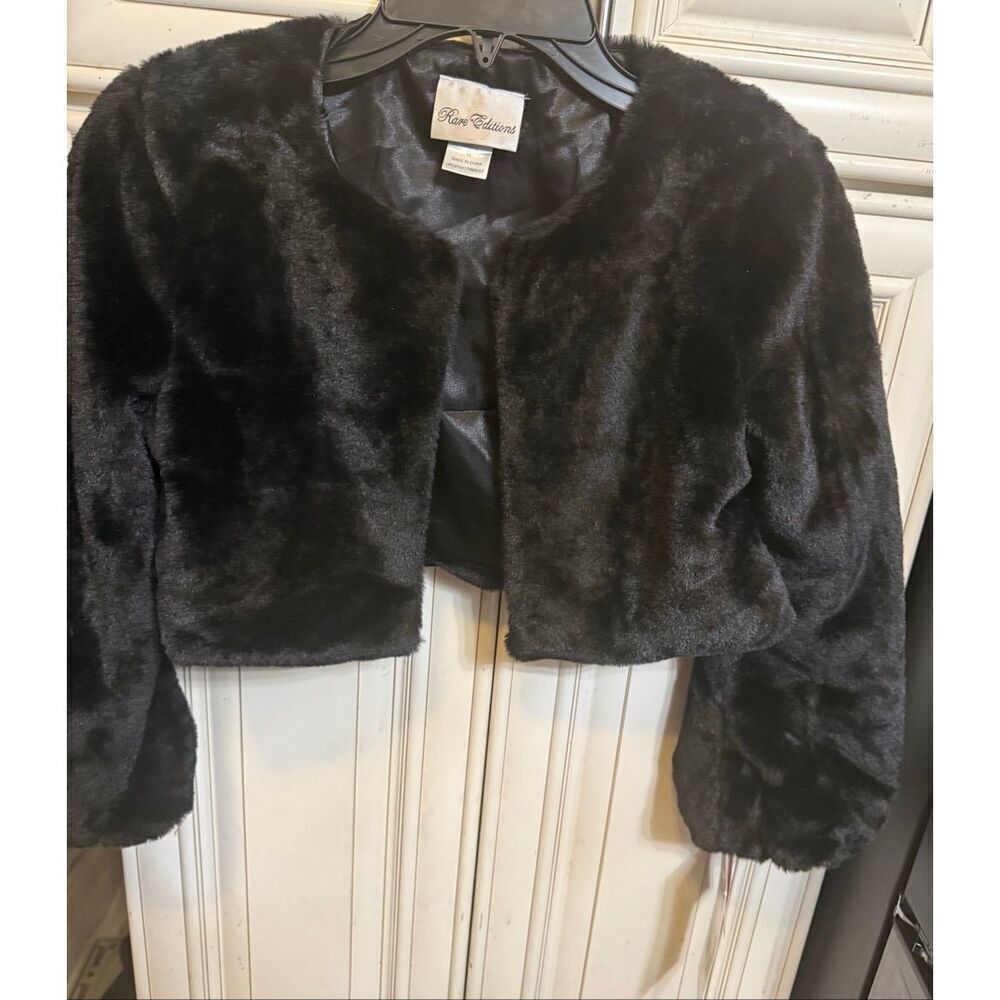 Rare Editions Girl's Faux Fur Short Cape Cardigan Sweater Black Size 14 NWT